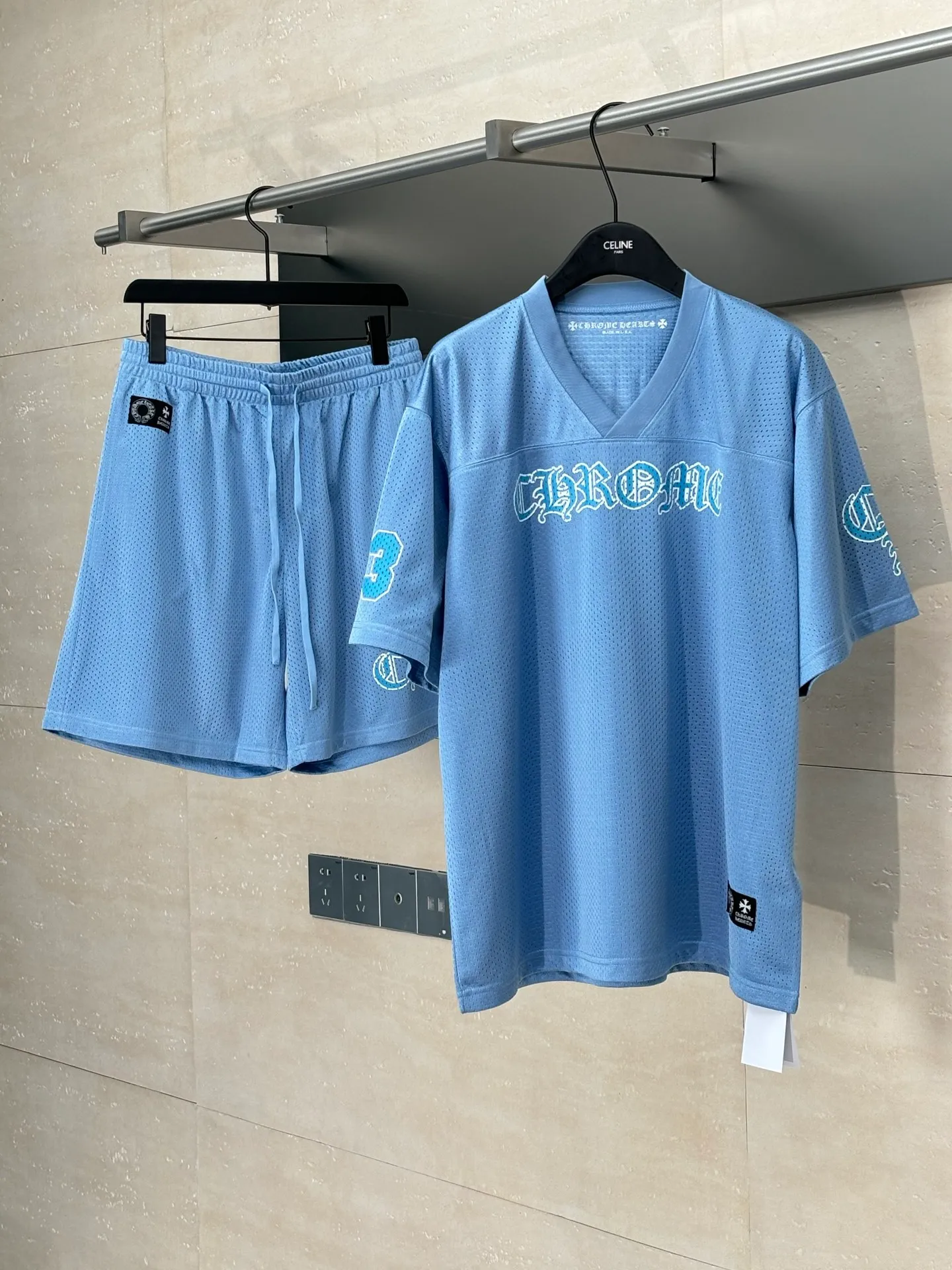 🅿️290 Chrome Heart*/Ch Chrome Heart 25SS mesh glitter blue ice hockey jersey short-sleeved. The fabric is made of high-density 100D bird's eye cloth. Double-sided mesh positioning is very time-consuming. The cost of labor loss is very high. It is not a single-layer thin transparent bottom junk product on the market. Same style for men and women. OS version Size: S/M/L